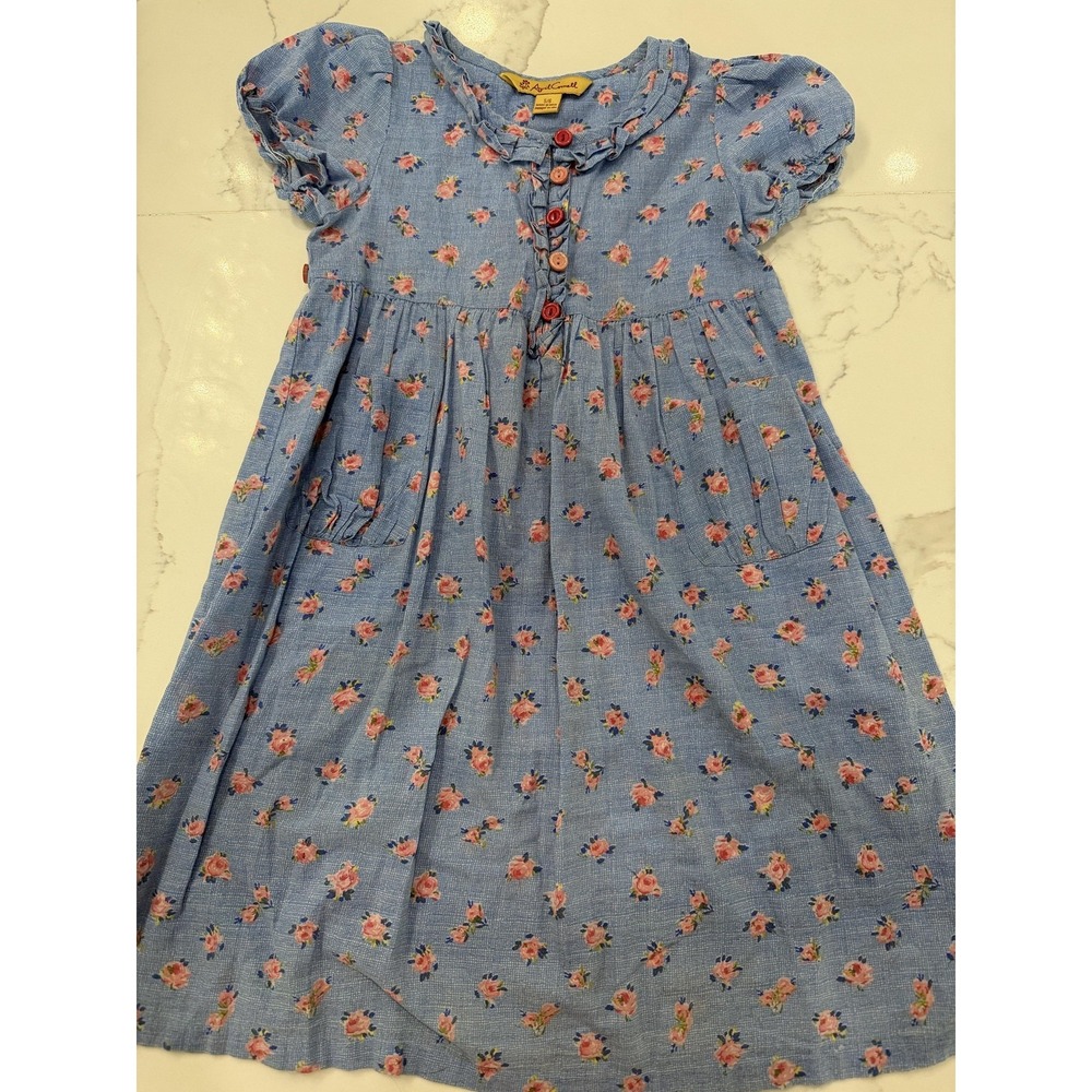 April Cornell Dress Girls 5/6 Blue Floral Fit Flare Ruffle Puff Sleeve Pockets